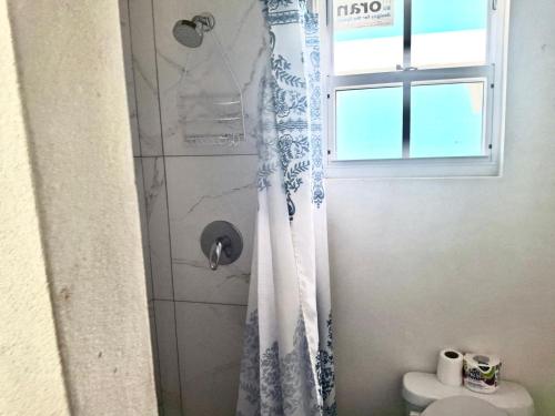 a bathroom with a shower with a toilet and a window at BLR Villas Dover Beach in Christ Church