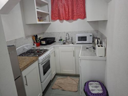 a small kitchen with a stove and a microwave at BLR Villas Dover Beach in Christ Church