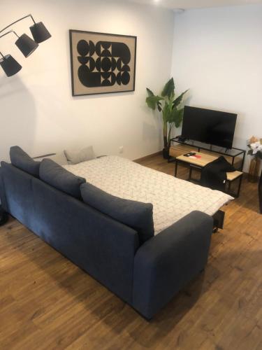 a living room with a blue couch and a tv at APPARTEMENT F3 BOX Vélo Moto Centre historique in Mirepoix