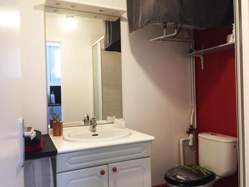 une salle de bain avec un lavabo, des toilettes et un miroir dans l'établissement Le Léon Blum - T2 Cosy and soothing, à Nantes