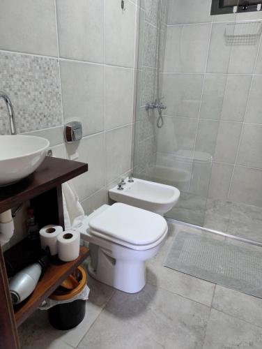 Un baño con inodoro, lavabo y ducha. en Departamentos M&A 2, en Puerto Rico