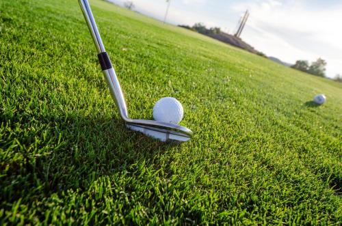 a golf club sitting on top of a lush green field at Artistic & cozy ! Just 5' to seaside in Athens