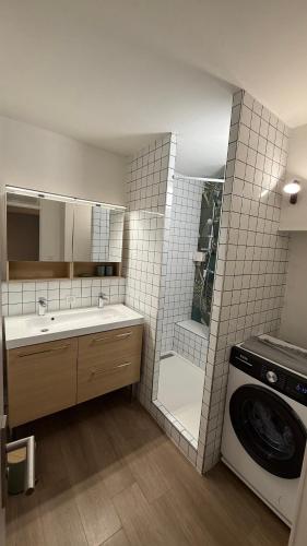 une salle de bain avec un lavabo et une machine à laver dans l'établissement La Girelle, à Toulon