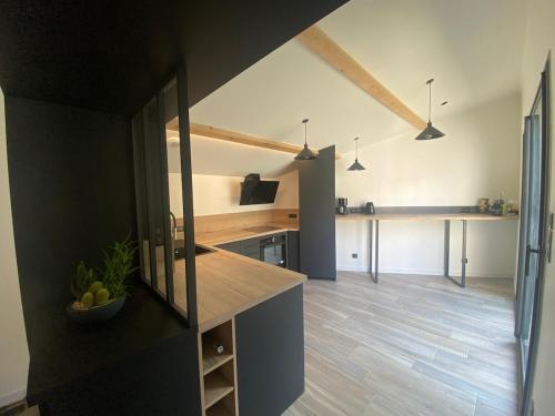 Il comprend une cuisine avec des murs noirs et du parquet. dans l'établissement Les Ricochets, à Coutenson