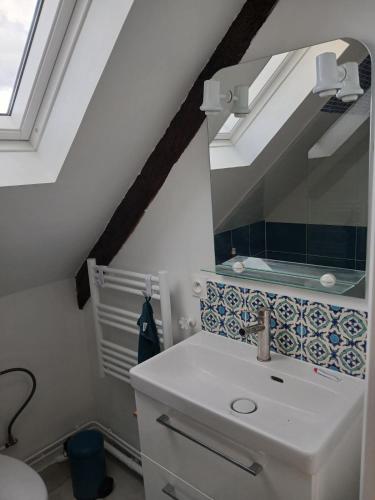 une salle de bain avec un lavabo et un miroir dans l'établissement Cocagne, à Genneville