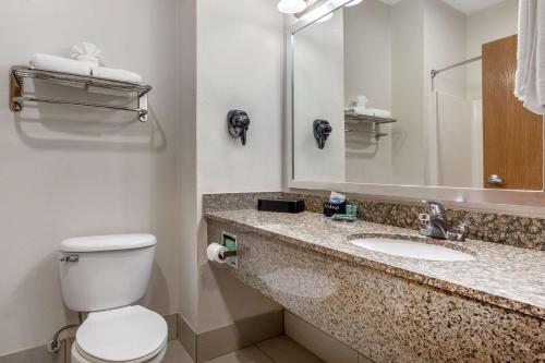 a bathroom with a toilet and a sink and a mirror at Best Western Club House Inn & Suites in Mineral Wells