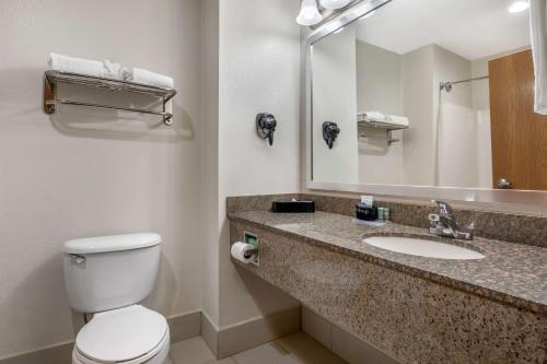 a bathroom with a toilet and a sink with a mirror at Best Western Club House Inn & Suites in Mineral Wells