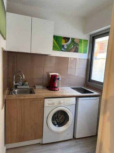 une cuisine avec une machine à laver et un évier dans l'établissement Centre Golfe Juan Plage et transports à pied, 5 min Cannes, à Vallauris