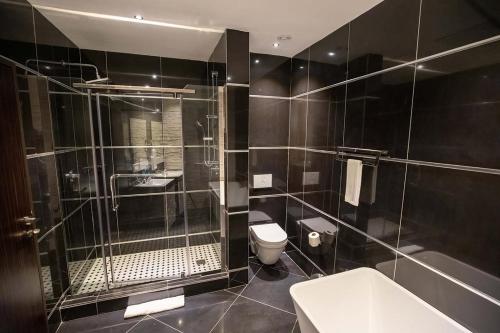 a bathroom with a shower and a toilet and a sink at Tripod By Pedestal Hotel in Owerri