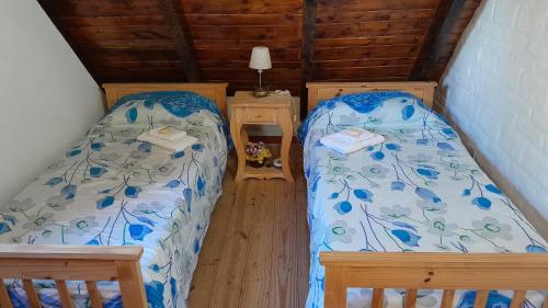 two beds in a room with two tables and a bedsenalsenalsenalsenalangering at Habitación doble en Casa Alpina in Villa General Belgrano