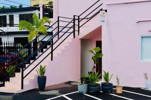 a pink house with plants in front of it at Room 6 Affordable Cool in Santurce Arts Area in San Juan