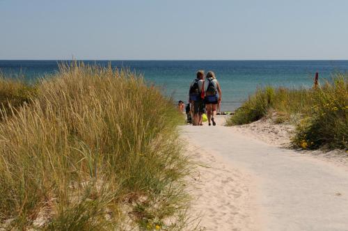 a group of people walking down a path to the beach at Sudersand Resort in Fårö