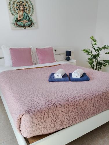 a bedroom with two beds with pink and blue blankets at Paraíso da Aldeia in São Bartolomeu de Messines
