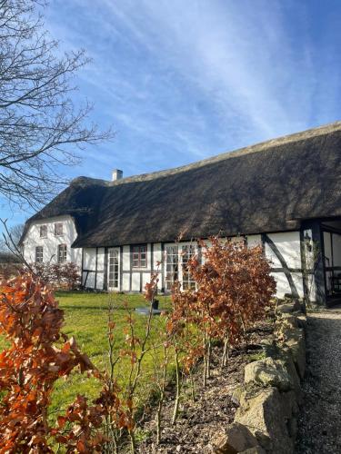 an old white house with a thatched roof at Baekgaarden 3 rooms Apartment - old farm house in Odense
