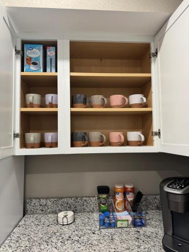 a kitchen cabinet filled with dishes and bowls at Newly built 3 level home 2 minute drive to UCM in Warrensburg