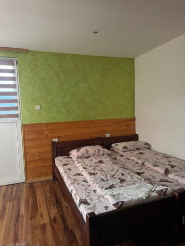 a bedroom with two beds and a green wall at Guest House Ethno Village Milogora in Pluzine