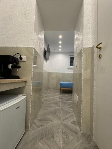 a kitchen with a walk in shower in a room at LUXOR ECO ROMA CASA E APPARTAMENTO PER VACANZE IN CENTRO Piazza Bologna, Colosseo, Piazza di Spagna, Vaticano, San Pietro, Sapienza, Fontana di Trevi, Piazza Navona, Trastevere, Tiburtina, Termini, Aeroporto in Rome
