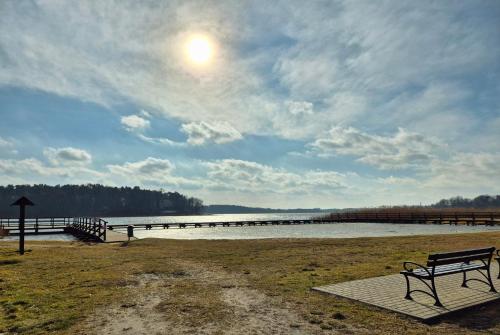 a bench sitting next to a body of water at Domek nad jeziorem in Skępe