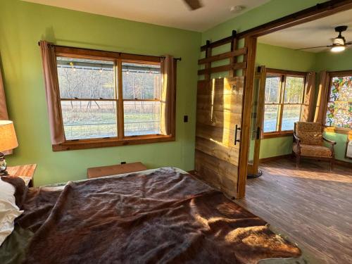 1 dormitorio con paredes verdes, 1 cama y ventanas en The Rest and Relax Retreat, en Mineral Bluff