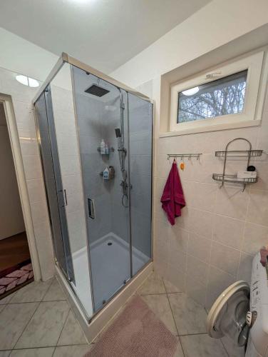 a shower stall in a bathroom with a window at Holiday home in Kötcse - Südtransdanubien 53934 in Kötcse