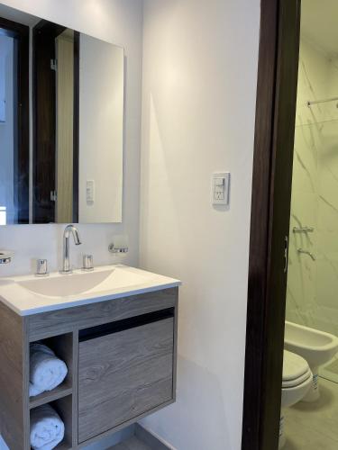 a bathroom with a sink and a mirror and a toilet at Depto Paseo Quattro in Villa Carlos Paz