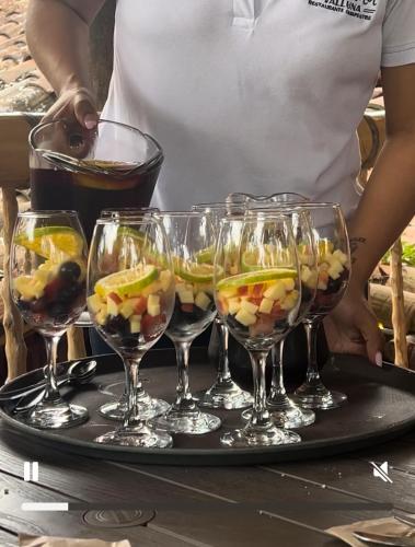 a tray of wine glasses with fruit on a table at Villa El Rio in Cali
