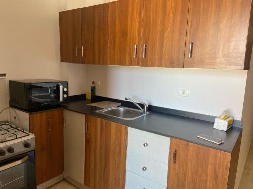 a kitchen with a sink and a microwave at Agora Sidi Abdelrahman - One Bedroom Chalet in El Alamein