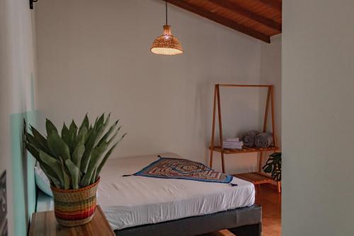 una camera da letto con un letto e una pianta in vaso di Hotel Casa Encanto Jardín a Jardin
