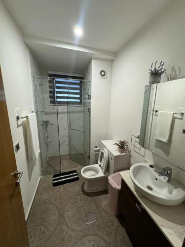 a bathroom with a shower and a toilet and a sink at Apartment Opal At The Park in Accra