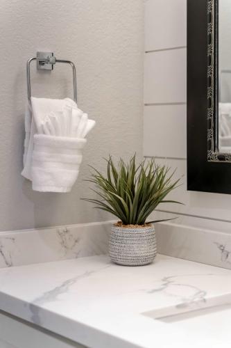 a bathroom with a white sink with a plant on a counter at Casa Evergreen - Outdoor Grille Patio with Putt in Leisure World