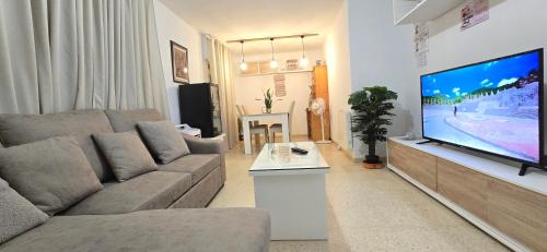 a living room with a couch and a large flat screen tv at Estancia Vacacional Verín-Chaves in Verín