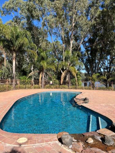 a swimming pool in a yard with trees at River Frontage Unit Moama in Moama