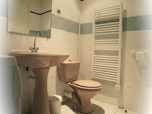 une salle de bain avec toilettes et lavabo dans l'établissement Charmant gîte au château rénové, parc privé, 2 chambres, proche Nevers et circuit Magny Court - FR-1-489-163, à Le Veurdre