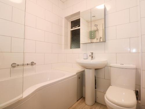 a white bathroom with a sink and a toilet at Tegawelon in Harlech