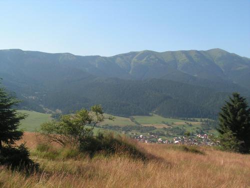 a town on a hill with mountains in the background at Penzión Baltazár in Liptovská Lúžna