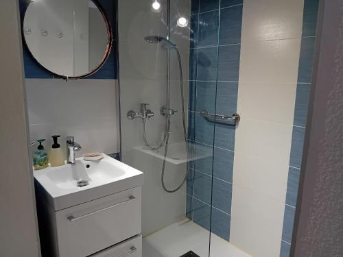 une salle de bain avec une douche, un lavabo et un miroir dans l'établissement Studio bord de plage Seignosse, loggia ouest - FR-1-239-1110, à Seignosse