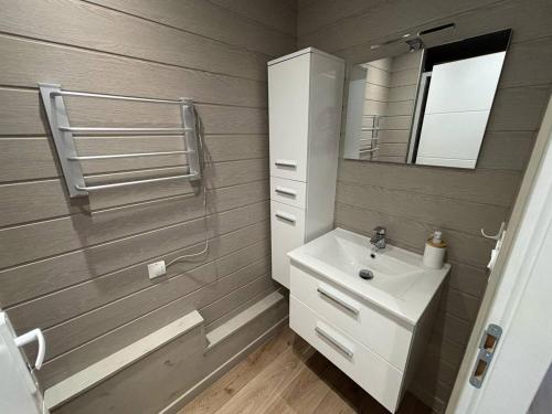 une salle de bain avec un lavabo et un miroir dans l'établissement Studio moderne au port, clim et wifi - FR-1-723-177, au Cap d'Agde