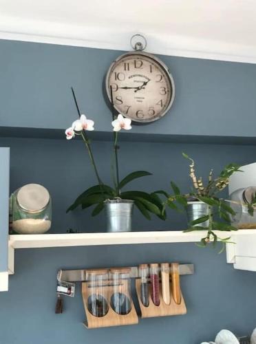 une étagère avec une horloge et une plante sur elle dans l'établissement Apartment terrace - Eiffel tour vue, à Paris