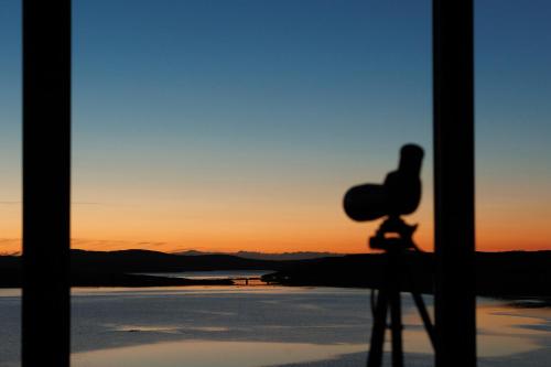 a bird sitting on a window sill at sunset at Modern and Dog Friendly Holiday Home with Sea Loch Views in Breaclete