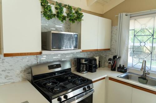 a kitchen with a stove and a microwave at CIsland Experience in Montego Bay