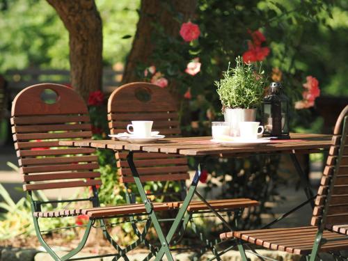 a wooden table with two chairs and a plant on it at Landhotel Waldheim in Pliezhausen