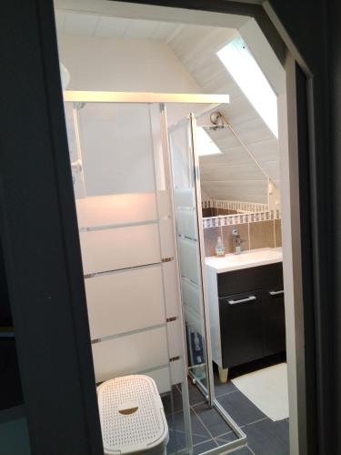 une petite salle de bain avec un miroir et un lavabo dans l'établissement studio Berck Plage d'Opale, à Berck-sur-Mer