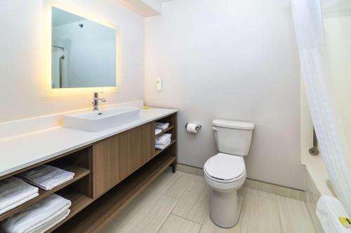 a bathroom with a sink and a toilet and a mirror at Comfort Inn & Suites in Moose Jaw