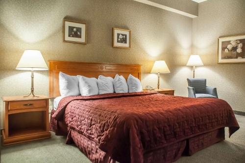 a hotel room with a bed with a red bedspread at Comfort Inn Lundy's Lane in Niagara Falls