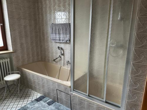 a bath tub in a bathroom with a shower at Ziegelhüttenblick -auch für Monteure geeignet in Marktredwitz