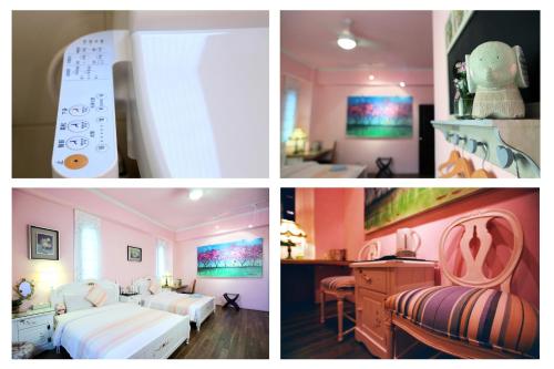 a collage of four pictures of a hotel room at Errantry Lodge & Studio in Hualien City