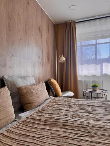 a bedroom with a large bed and a window at Old Town Vytautas Apartment in Klaipėda