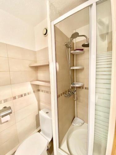 une petite salle de bain avec toilettes et douche dans l'établissement studio cabine 4 pers proche des plages, au Grau-du-Roi