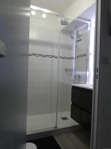 une salle de bain blanche avec une douche et un lavabo dans l'établissement BEL APPARTEMENT RENOVE 6 PERSONNES, 1 CHAMBRE ET GARAGE, au Grau-du-Roi