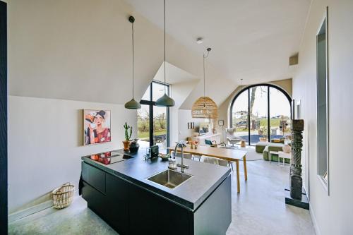 BaardburenにあるStatelan Logies, sfeervol en luxe ingericht vakantiehuis met 2 slaapkamers in het hart van frieslandのシンク付きのキッチンとリビングルーム